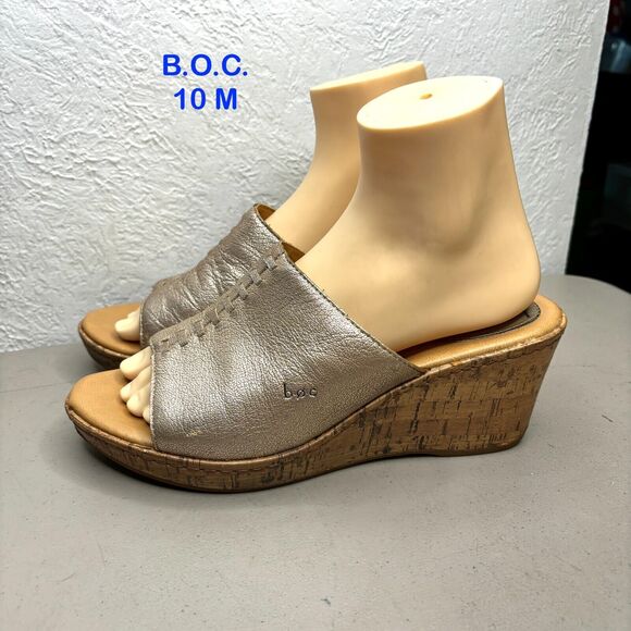 B.O.C. Rose Gold Leather Slip On Platform Wedge Sandal‎ Women's Size 10 M - Picture 1 of 12